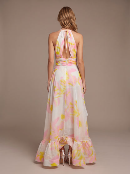 Halter Floral Ruffle Maxi Dress Pink Yellow HV3140