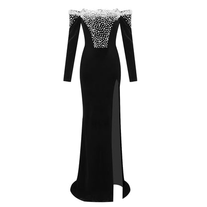 Long Sleeve Bardot Pearl Maxi Velvet Dress Black HV2093