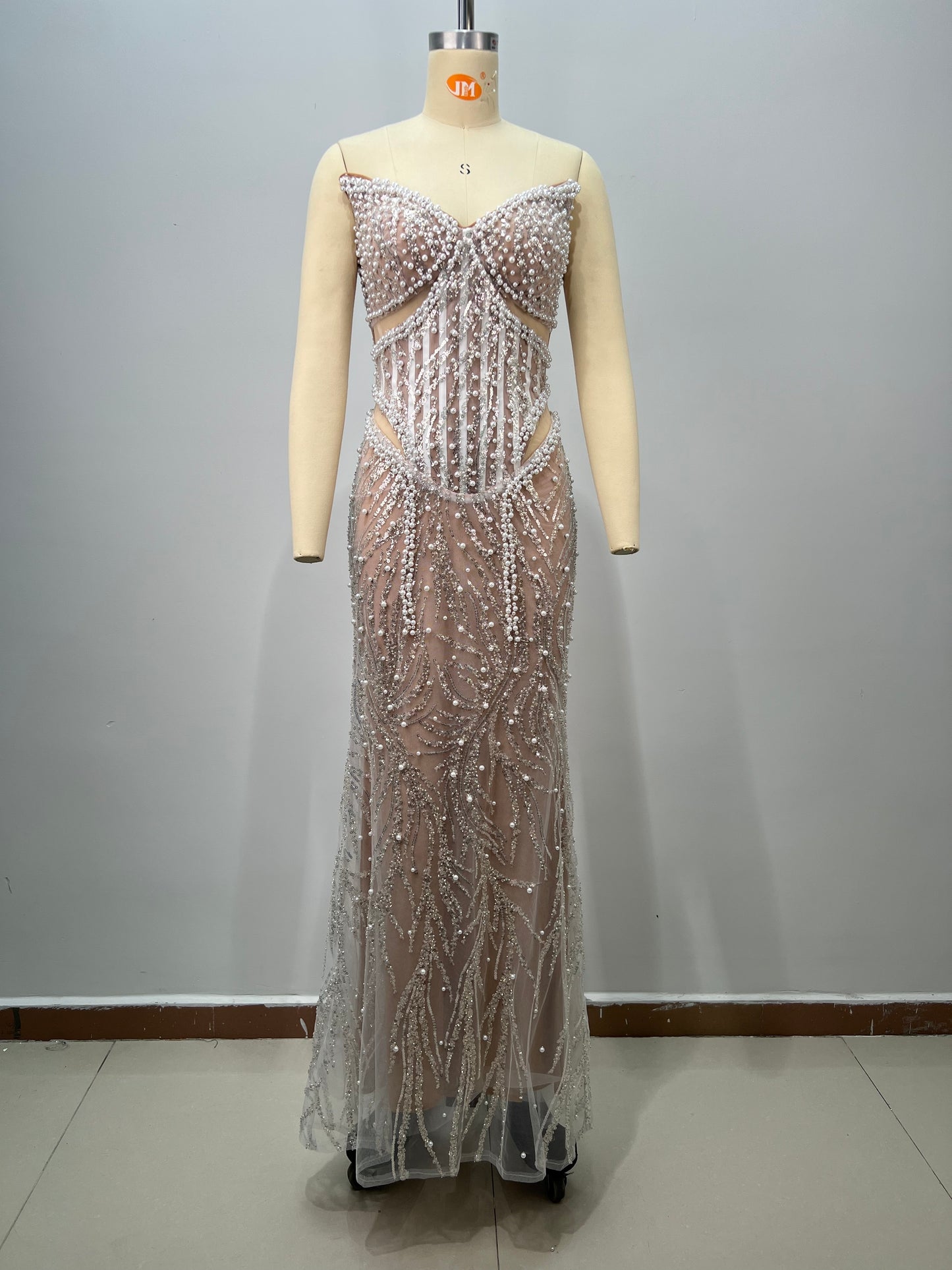 Strapless Pearl Sequin Structured Maxi Dress Nude HV2929