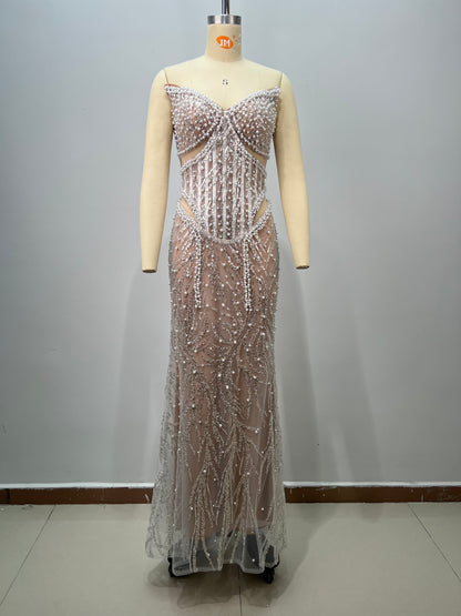 Strapless Pearl Sequin Structured Maxi Dress Nude HV2929