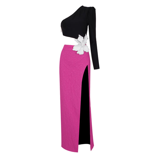 One Sleeve Flower Maxi Dress Black Hot Pink HV9931