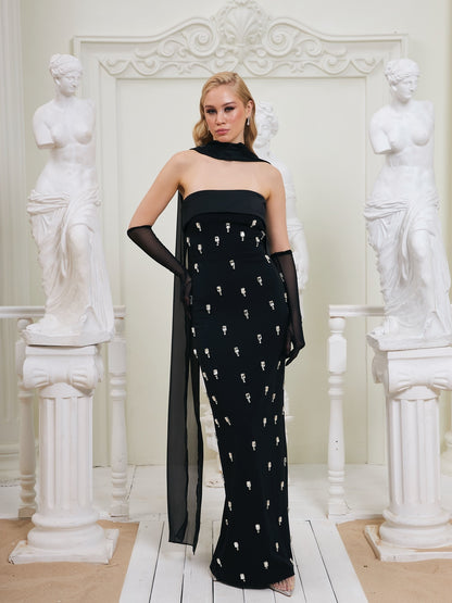 Strapless Crystal Detail Scarf Maxi Dress Black HV2342