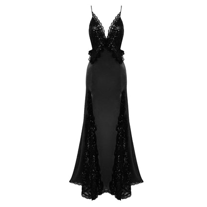 Sequined Lace A Line Maxi Dress HV9854