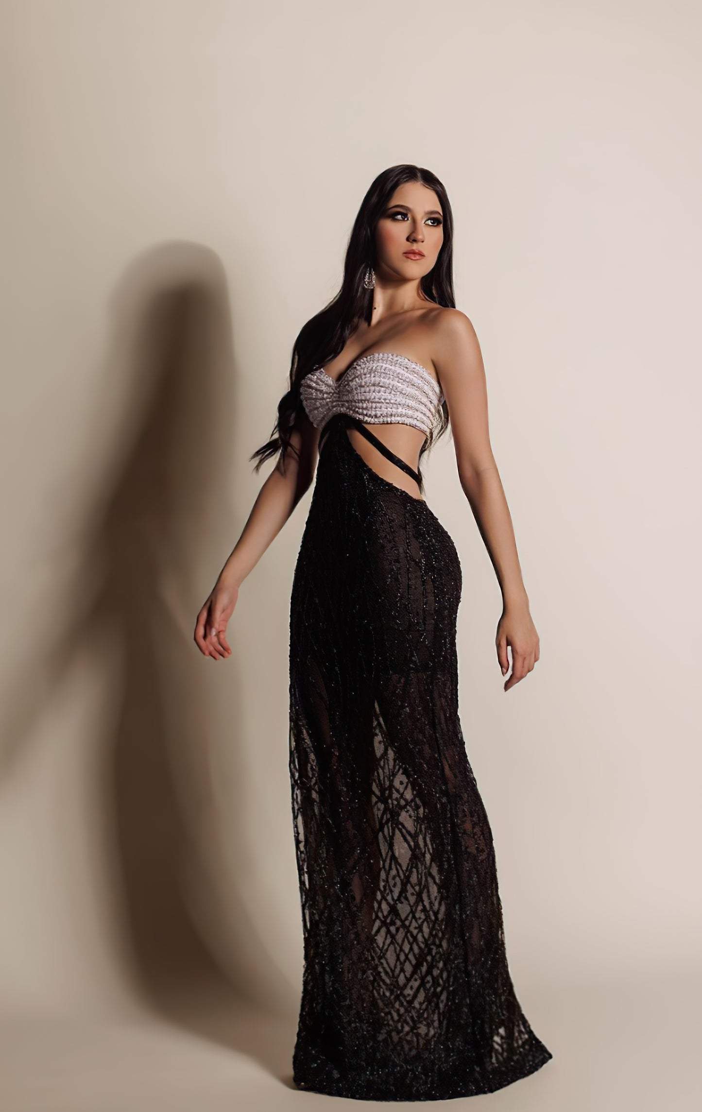 Strapless Pearl Sequin Maxi Dress Black White HV1350