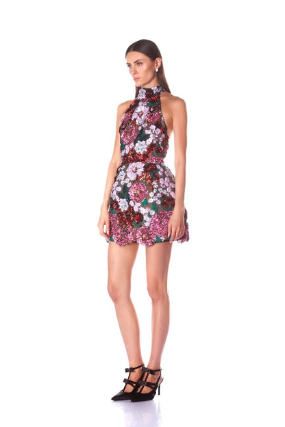 Halter Sequin Floral Dress Hot Pink Green HV2423