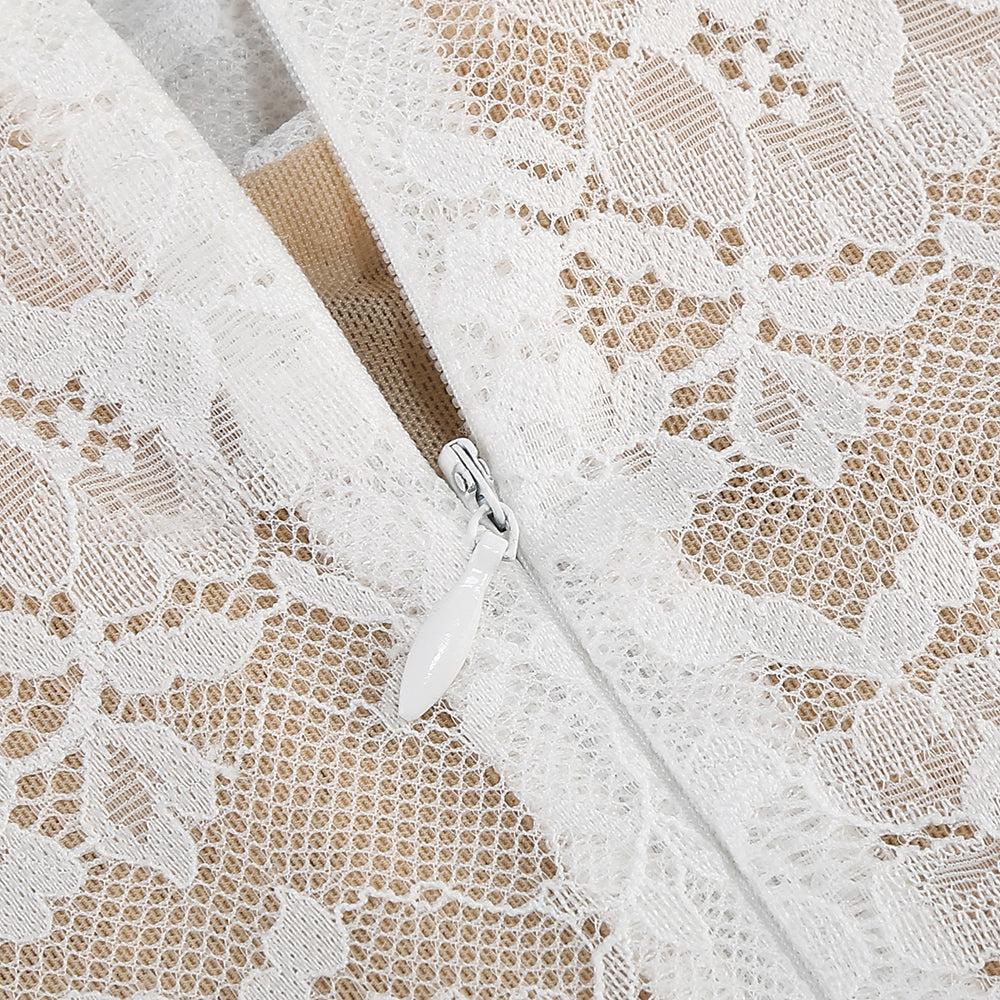 Long Sleeve Structured Lace Dress White