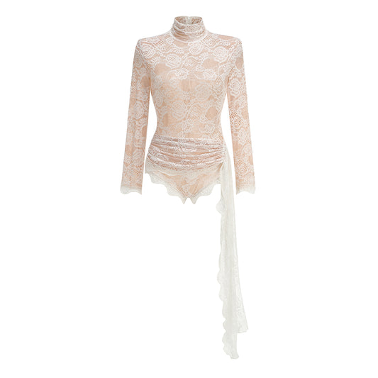 Long Sleeve Draped Lace Bodysuit White HV1546