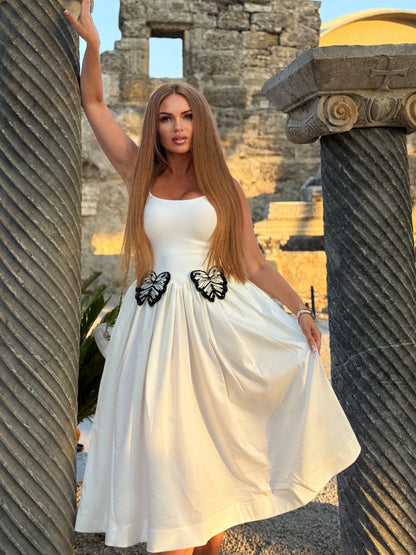 Butterfly Detail A Line Midi Dress White HV2639