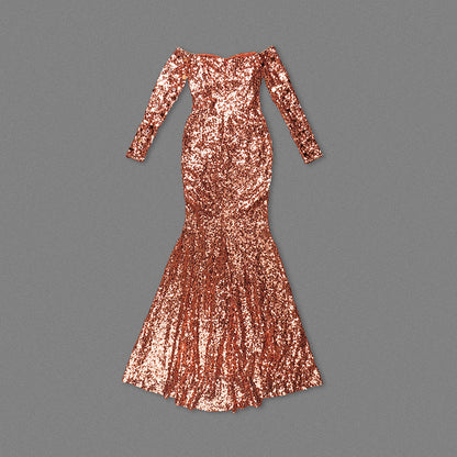 Long Sleeve Bardot Sequin Crystal Maxi Dress Rust HV1724