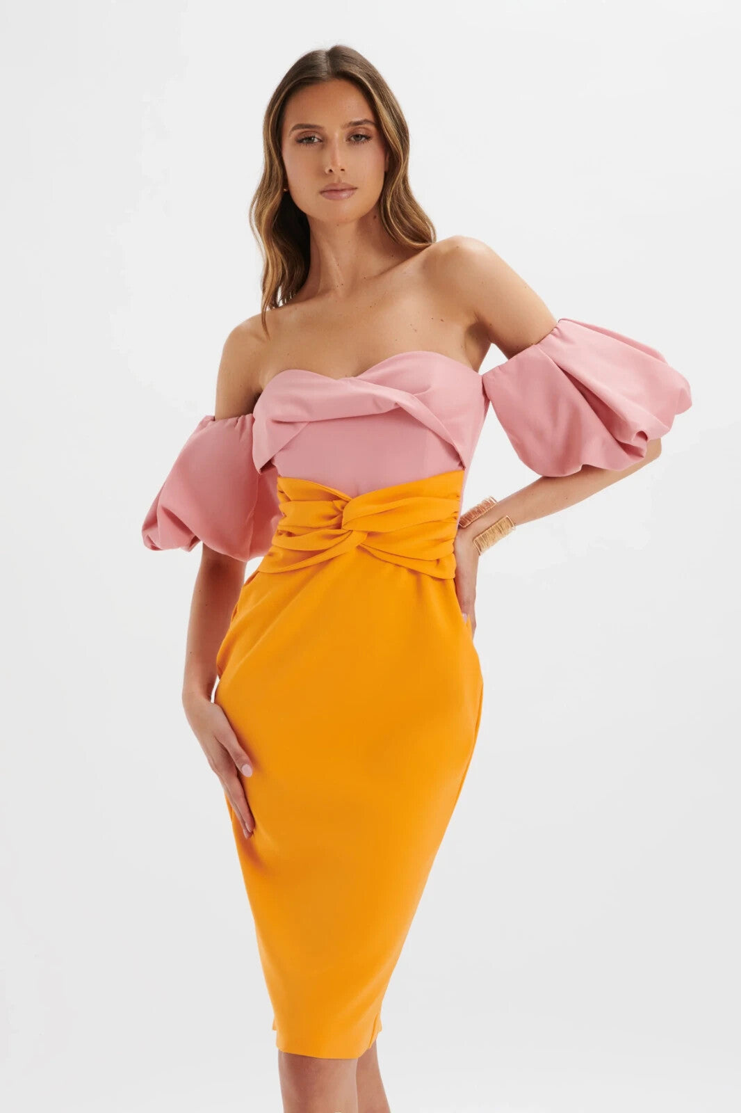 Puff Sleeve Bardot Midi Dress Pink Orange HV0002