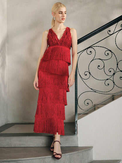 Lace Bustier Tassel Midi Dress Red HV2795