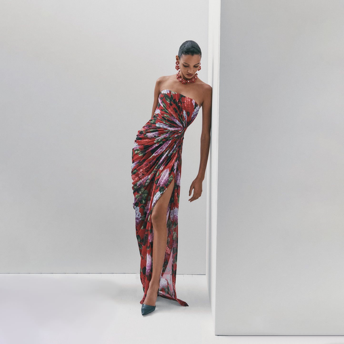 Strapless Draped Floral Maxi Dress Red HV3174