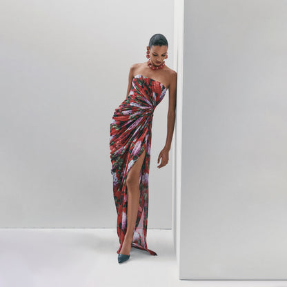 Strapless Draped Floral Maxi Dress Red HV3174