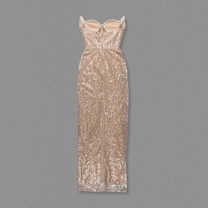 Strapless Crystal Corset Sequin Maxi Dress Gold HV1959