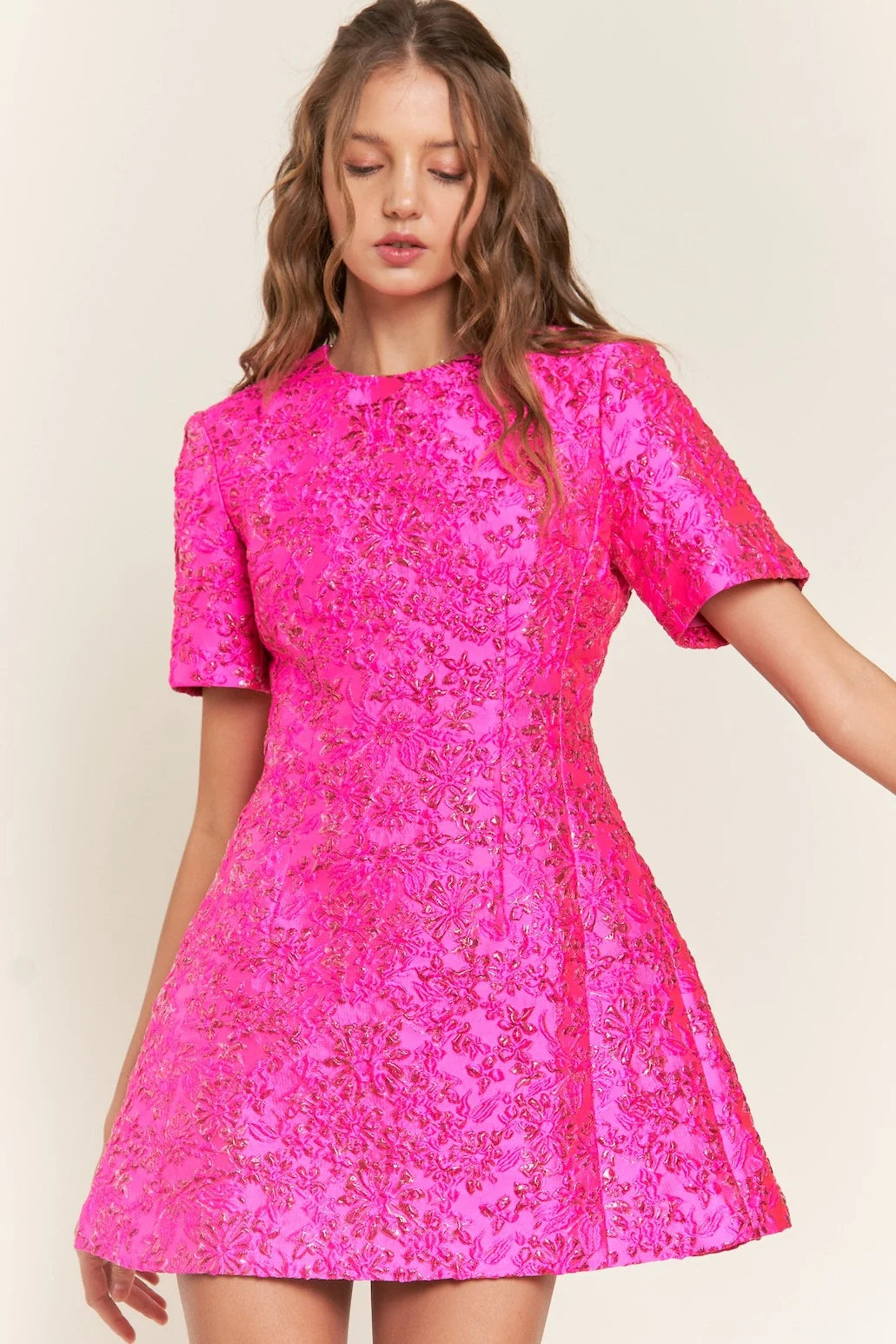 Short Sleeve Floral Sequin Dress Hot Pink HV1309