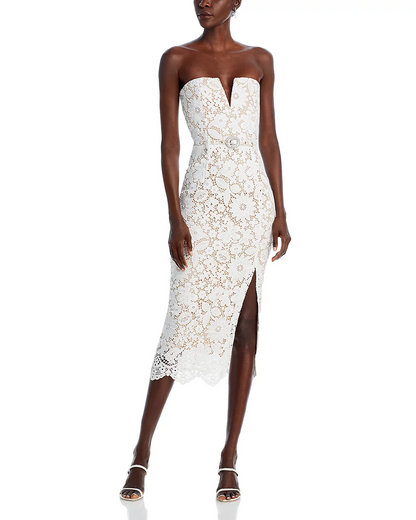 Strapless Floral Crochet Midi Dress White HV1778