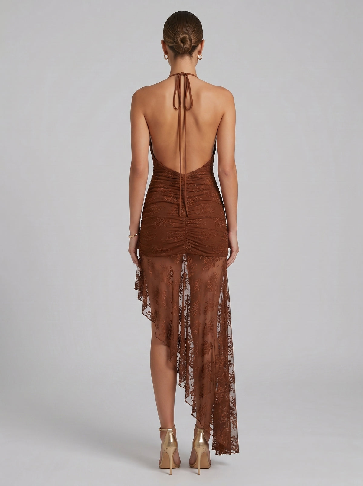 Halter Ruched Asymmetric Lace Maxi Dress HV3083