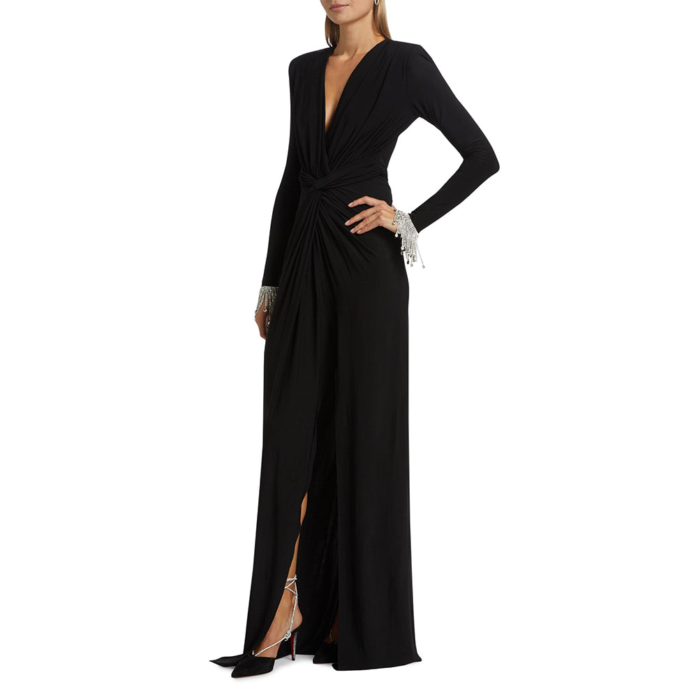 Long Sleeve Crystal Detail Draped Maxi Dress Black