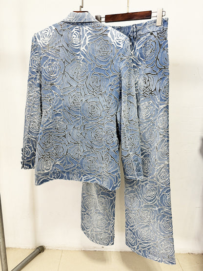 Floral Denim Suit Blue HV2805