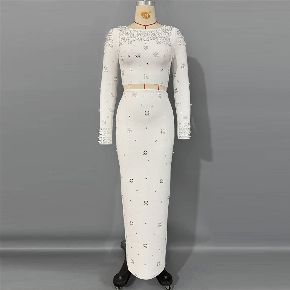 Long Sleeve Crystal Embellished Two Piece Maxi Dress White HV3098