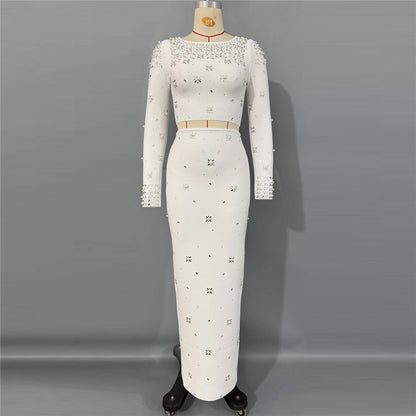 Long Sleeve Crystal Embellished Two Piece Maxi Dress White HV3098