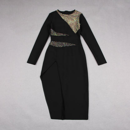 Long Sleeve Crystal Panel Midi Dress Black HV9707