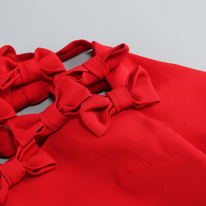 Short Sleeve Bow Detail A Line Dress Red  HV1361