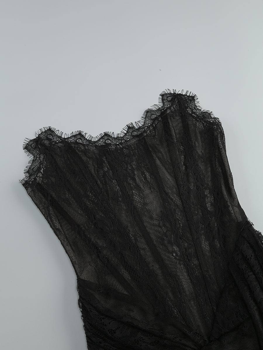 Strapless Lace Corset Feather Dress Black