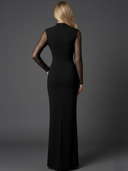 Long Sleeve Crystal Floral Detail Maxi Dress Black HV2842