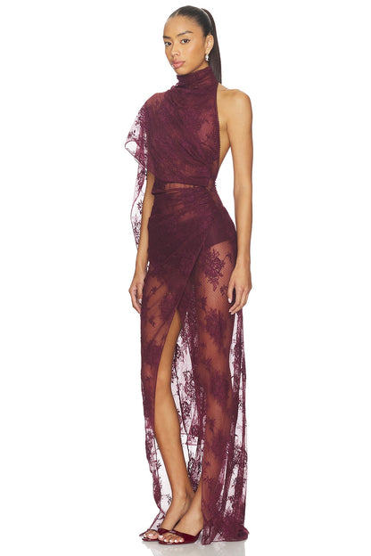 One Shoulder Lace Maxi Dress Burgundy HV2970