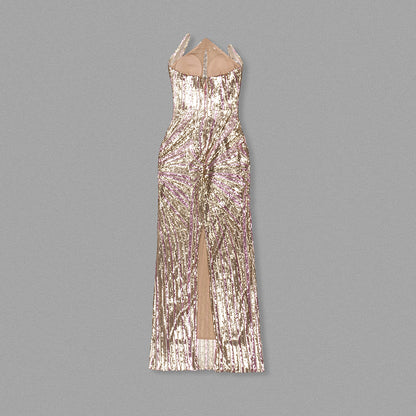 Strapless Sequin Maxi Dress Silver Gold HV1783