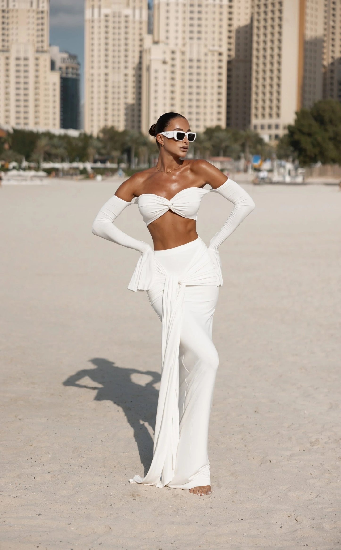Long Sleeve Bardot Two Piece Maxi Dress White HV2658