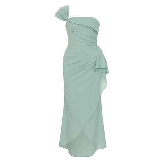 One Shoulder Draped Ruffle Maxi Dress Green HV9809