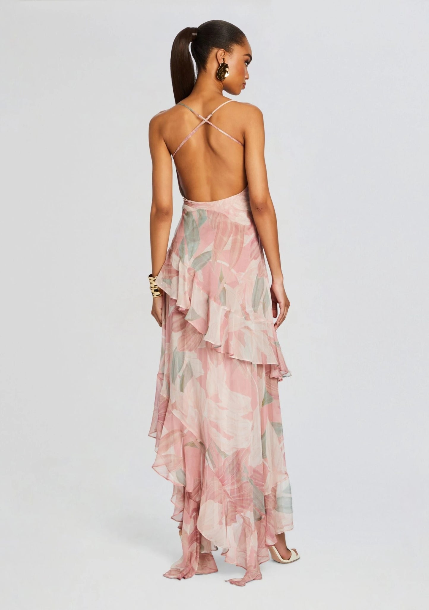 Printed Ruffle Asymmetric Maxi Dress Pink HV1614