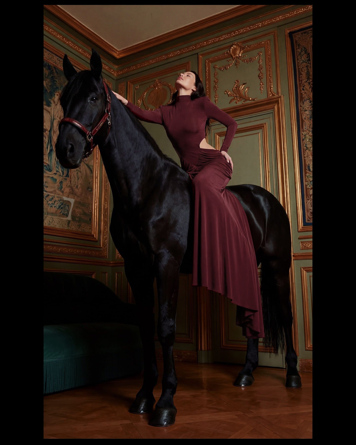 Long Sleeve Draped Cut Out Detail Maxi Dress Burgundy HV2675
