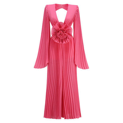 Long Sleeve Pleated Floral Jumpsuit Hot Pink HV1525