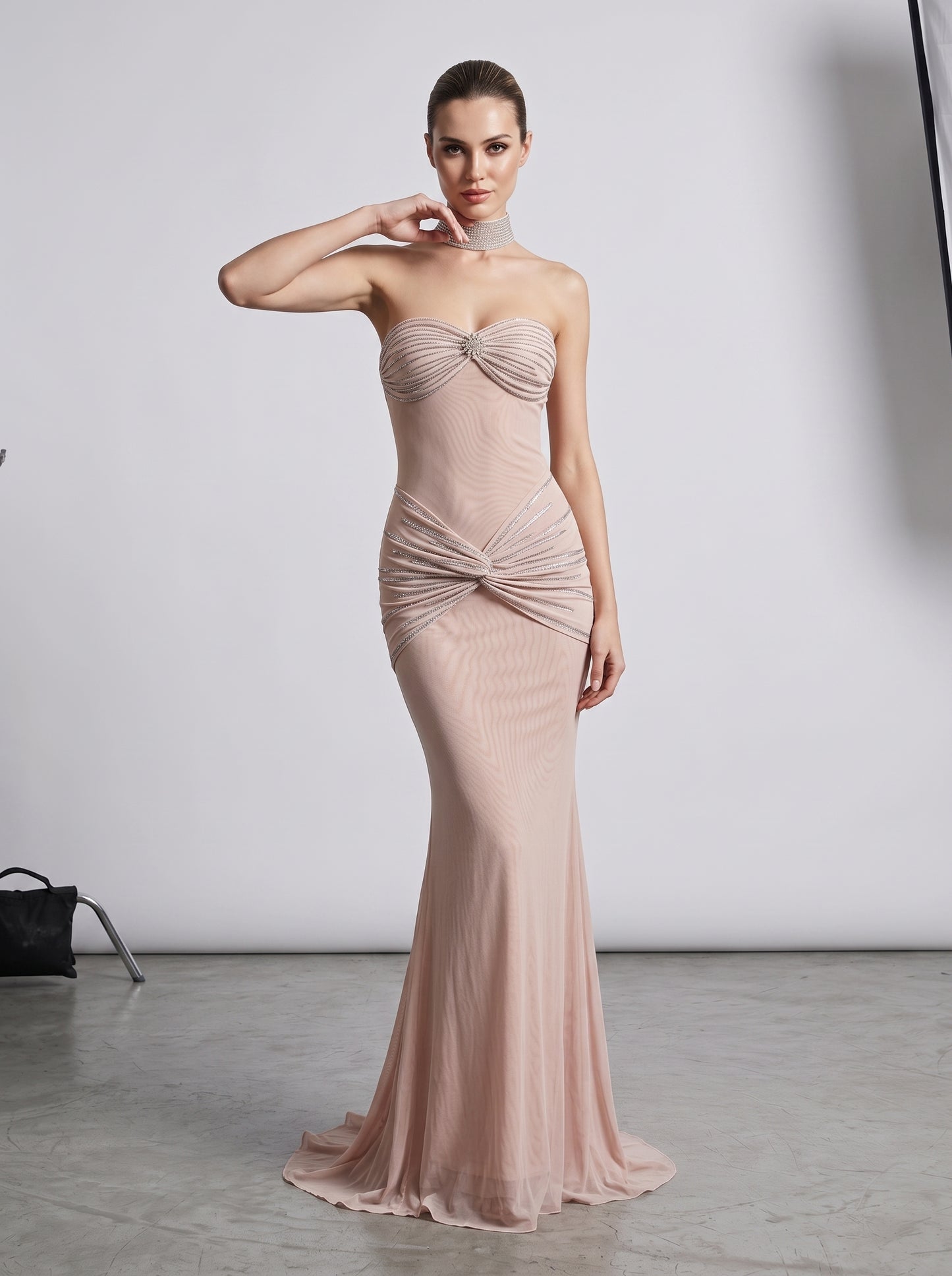 Strapless Crystal Draped Maxi Dress Nude HV3176