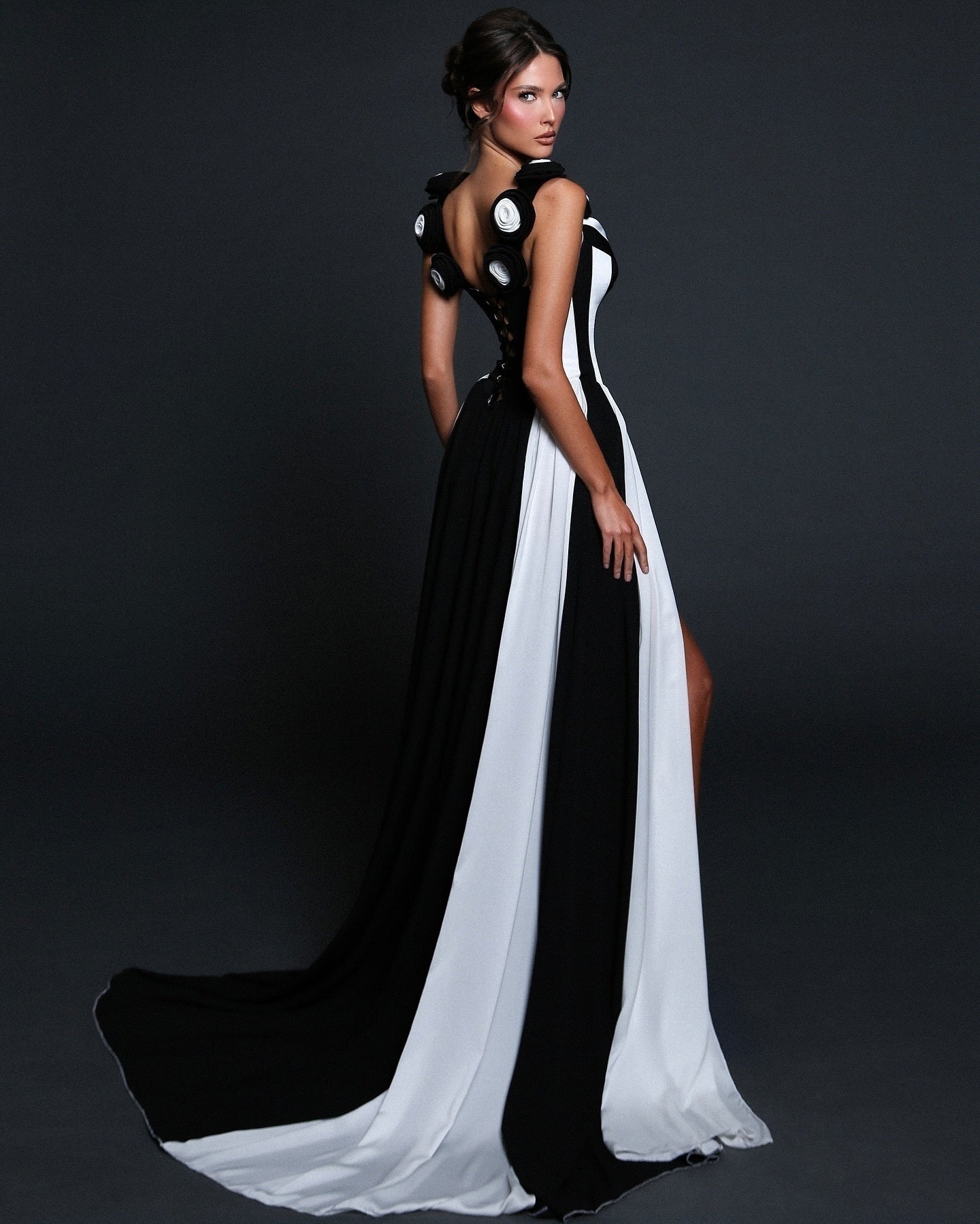 Floral Detail Corset A Line Maxi Dress Black White HV2535