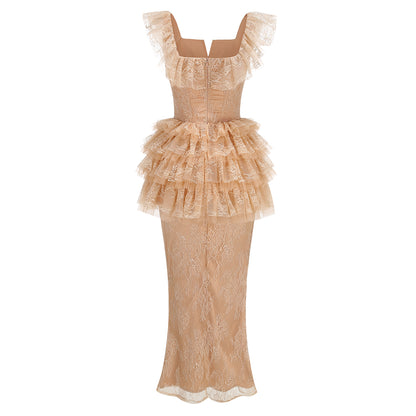 Ruffle Lace Maxi Dress Peach Nude HV3233