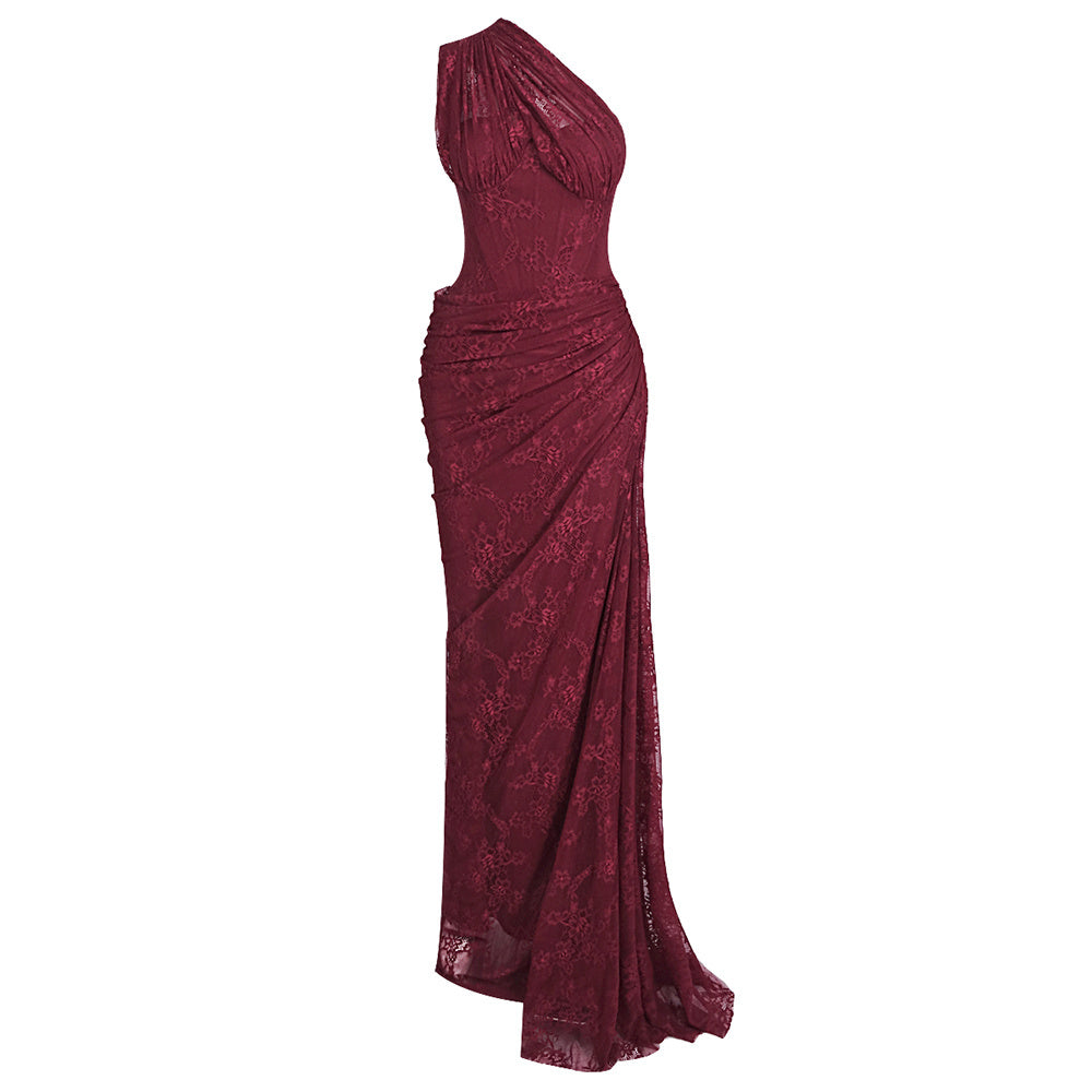 One Shoulder Draped Lace HV2677