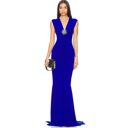 Crystal Detail Ruched Maxi Dress Blue HV2244