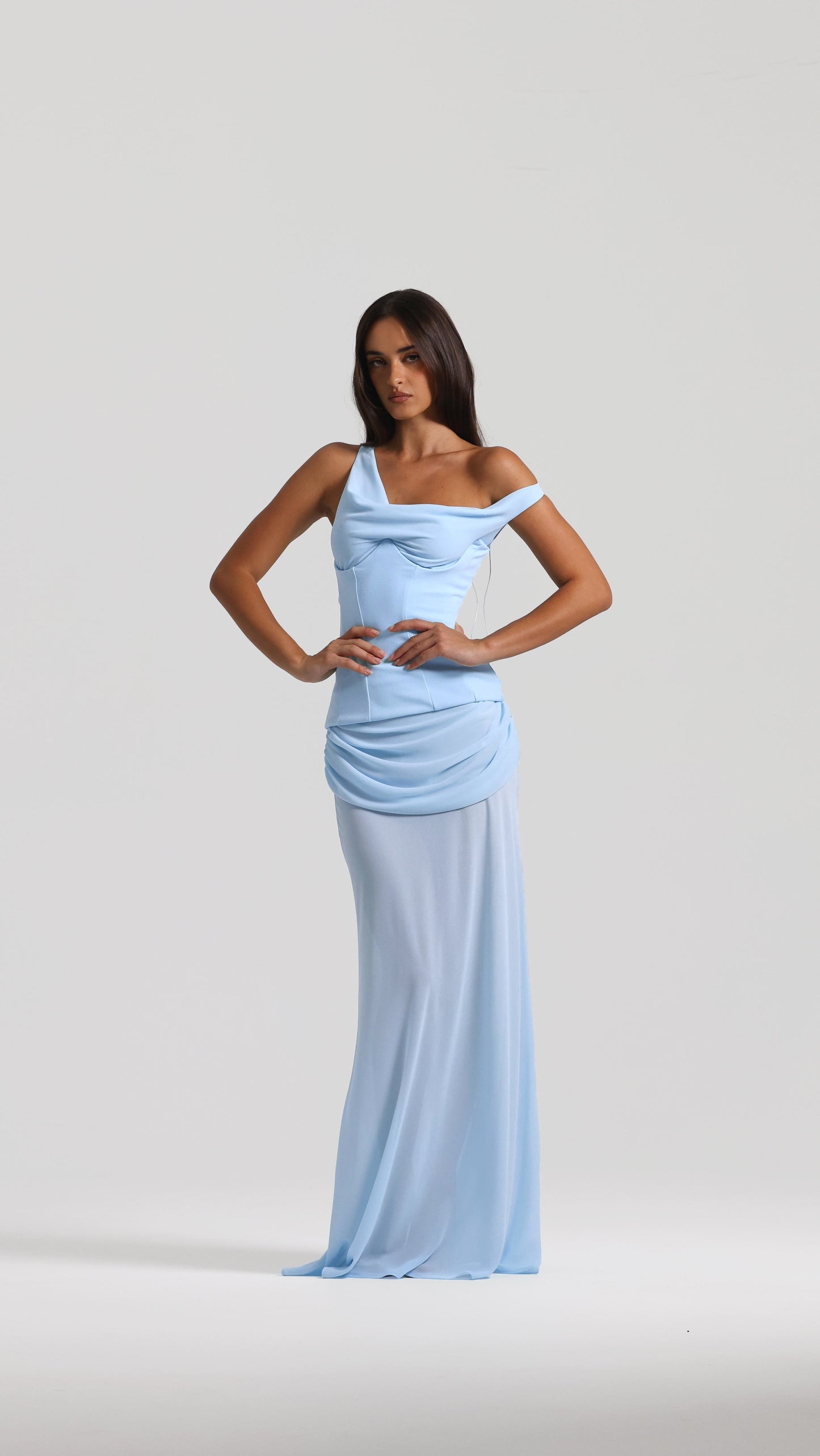 One Shoulder Corset Draped Maxi Dress Blue HV0011