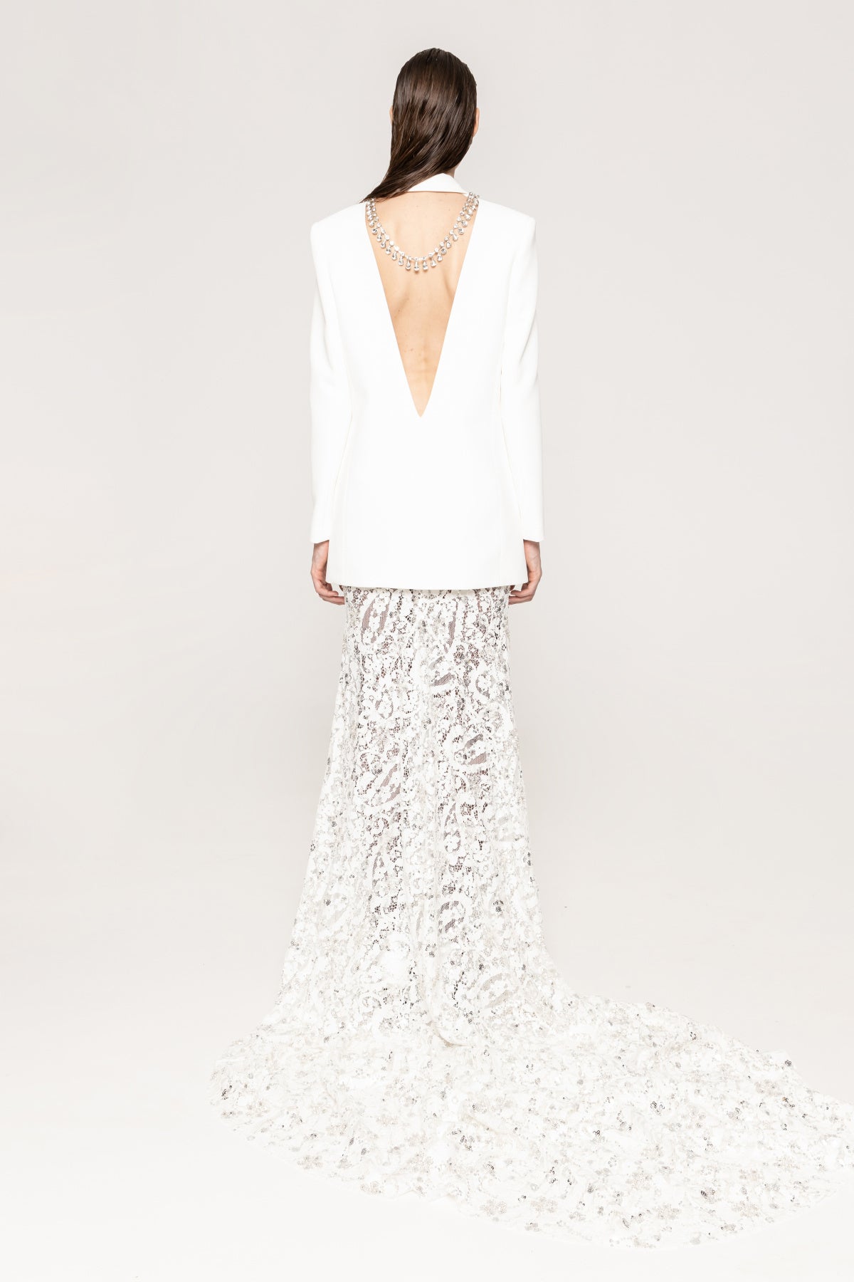 Long Sleeve Blazer Lace Maxi Two Piece Dress White HV2208