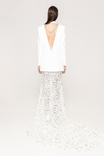Long Sleeve Blazer Lace Maxi Two Piece Dress White HV2208