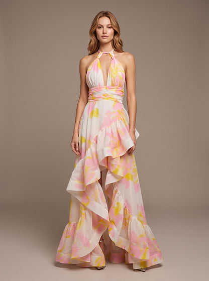 Halter Floral Ruffle Maxi Dress Pink Yellow HV3140