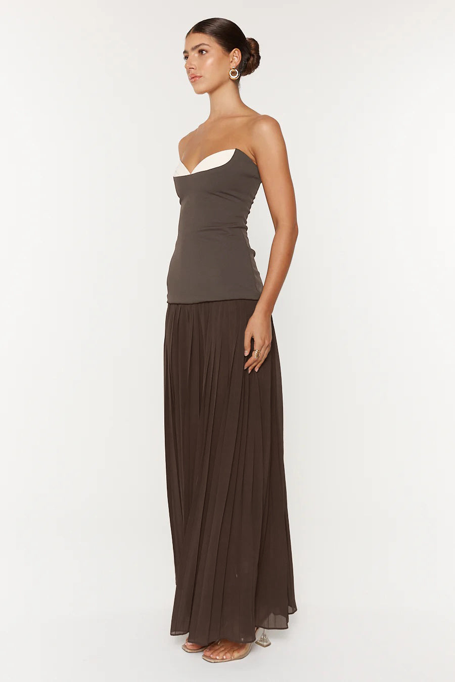 Strapless Pleated A Line Maxi Dress Brown HV2659
