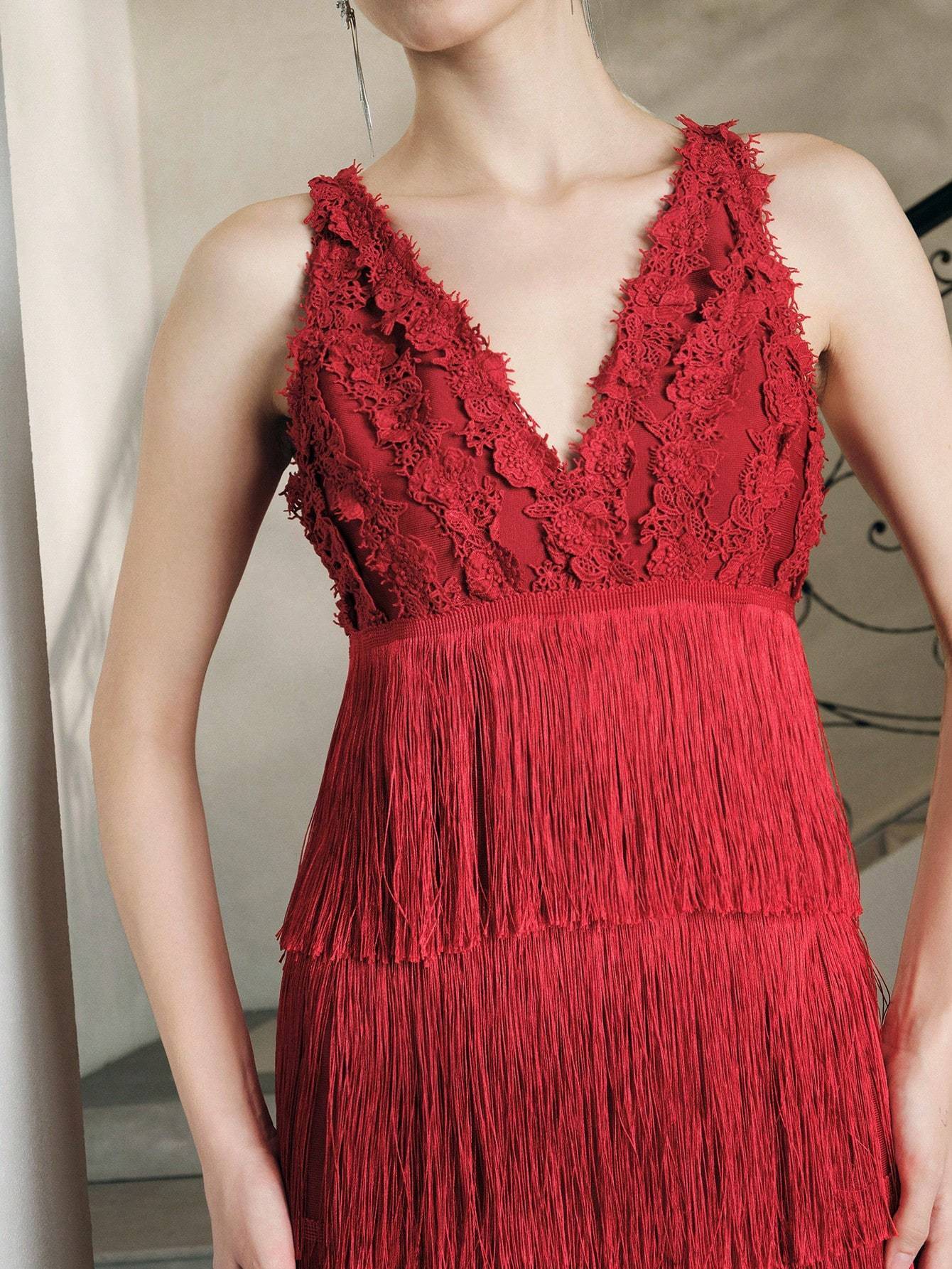 Lace Bustier Tassel Midi Dress Red HV2795