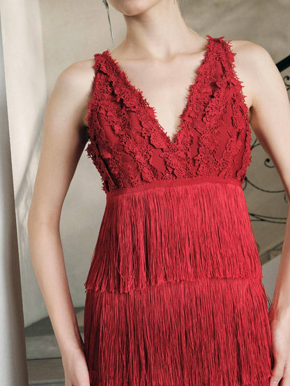 Lace Bustier Tassel Midi Dress Red HV2795