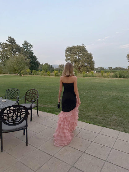 Strapless Floral Ruffle Maxi Dress Black Pink HV2811