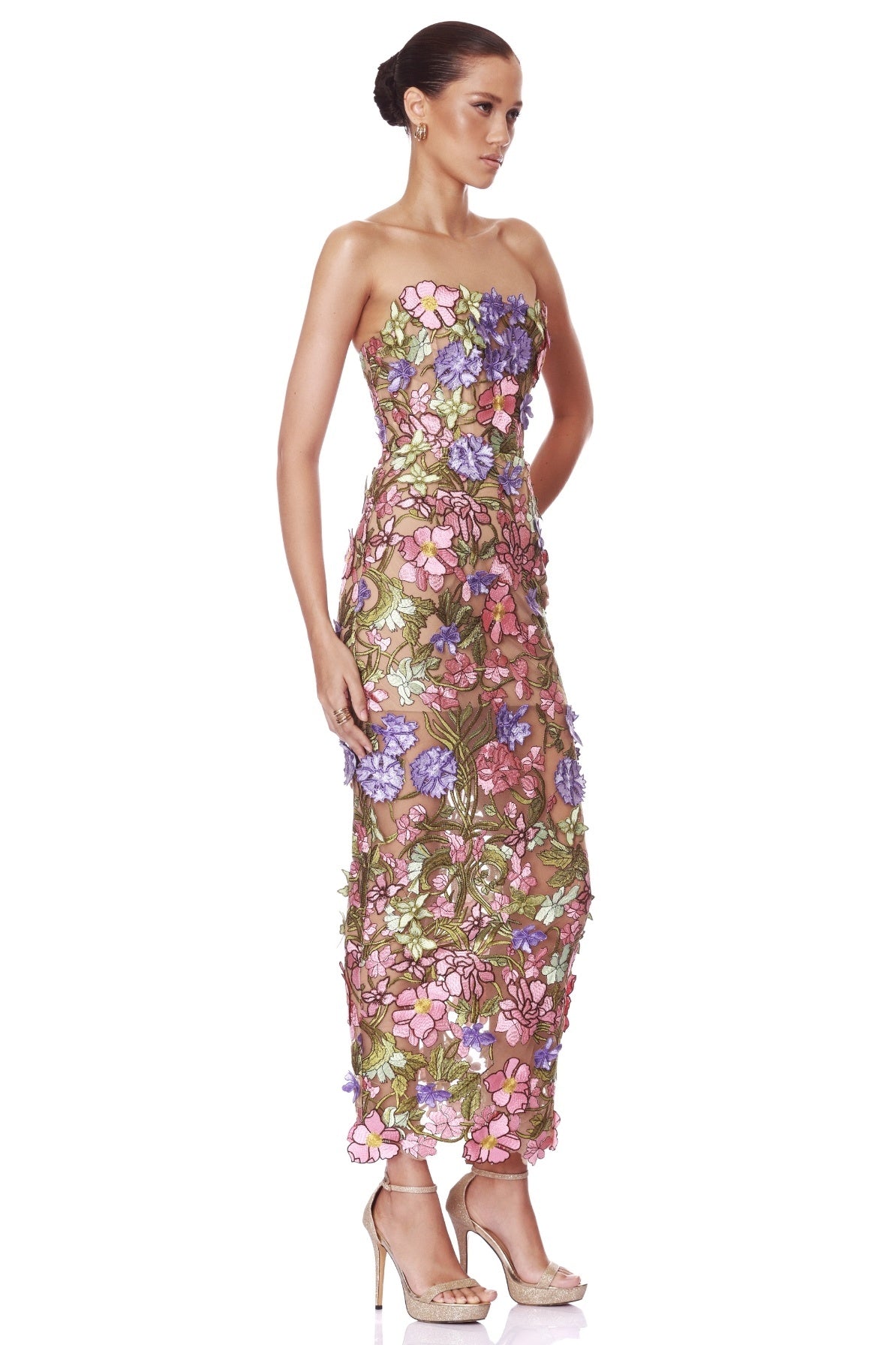 Strapless Floral Corset Maxi Dress Pink Green HV2883
